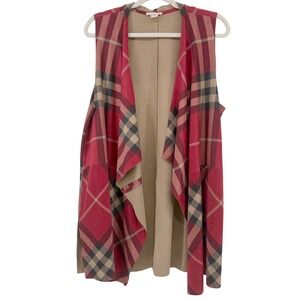 Westbound Red Plaid Open Front Faux Suede Duster Vest Cardigan Size Large